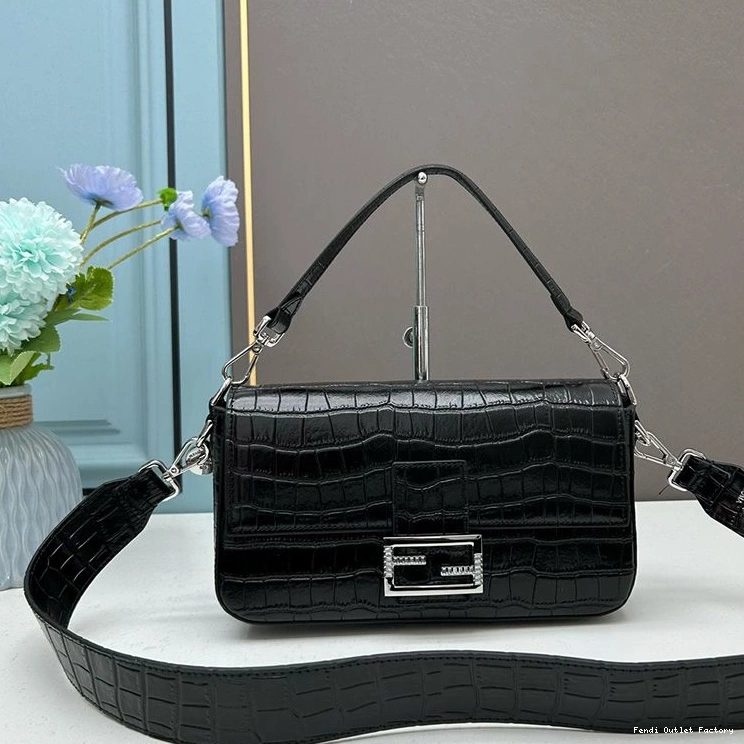 HOT Bag Leather In Baguette Re-Edition Black Fendi Crocodile Medium 0728